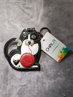 Chala Fat Cat Keychain Coinpurse Bag Charm Coun Purse Leather Tuxedo Kitten NWT